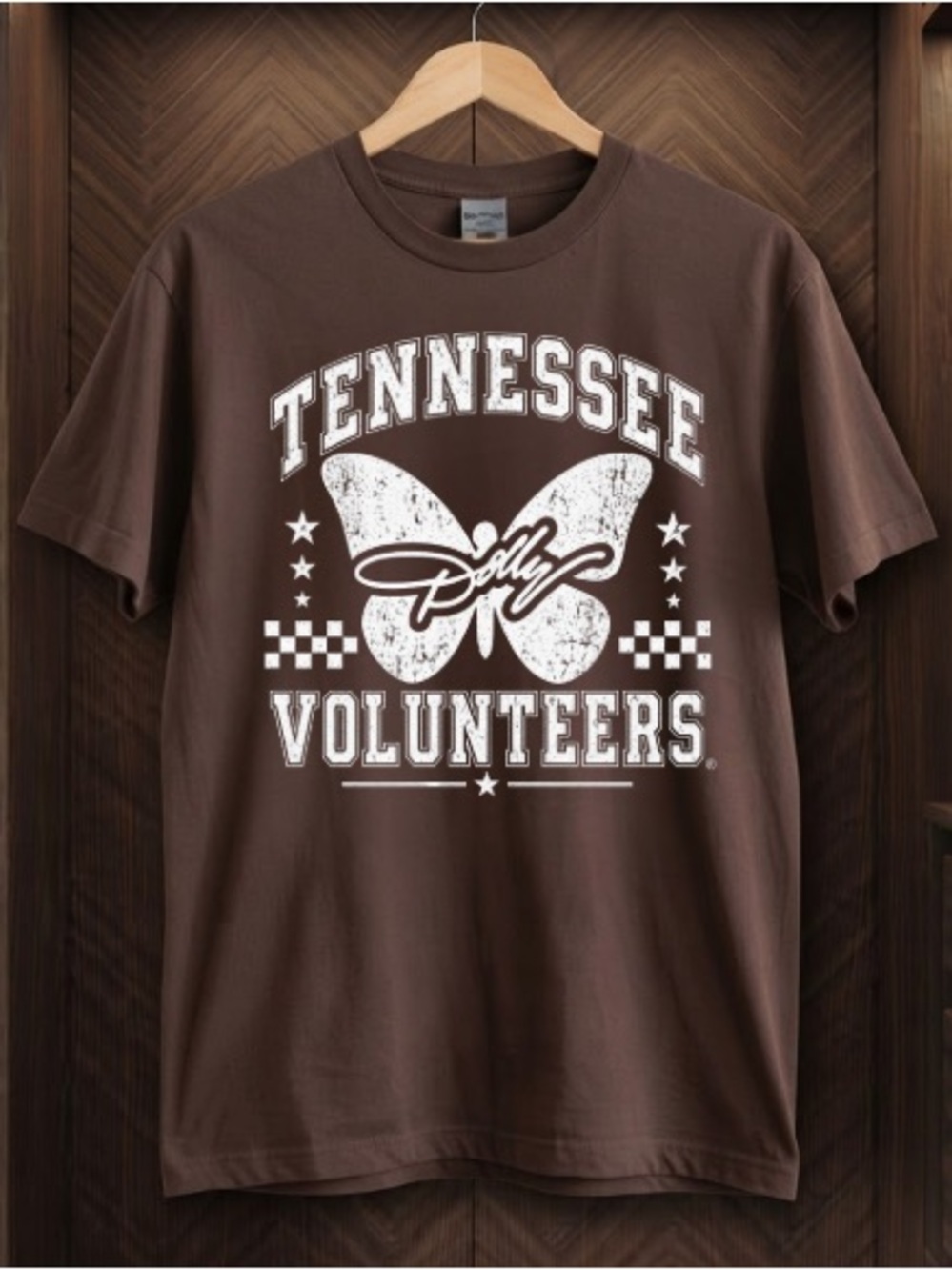 Dolly Parton Butterfly Stars Checkered Distressed Vintage Dark Brown T-Shirt